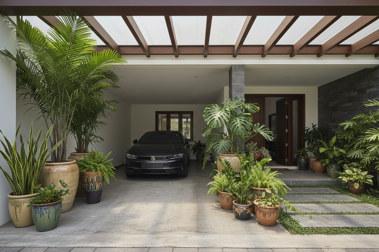 potted plants at the car porch 